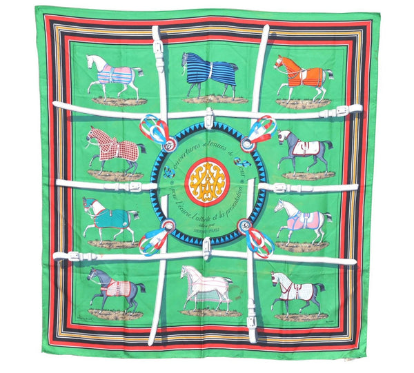 Authentic HERMES Carre 90 Scarf "Couvertures et Tenues du Jour" Silk Green H9498