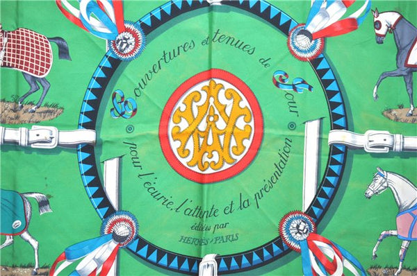 Authentic HERMES Carre 90 Scarf "Couvertures et Tenues du Jour" Silk Green H9498