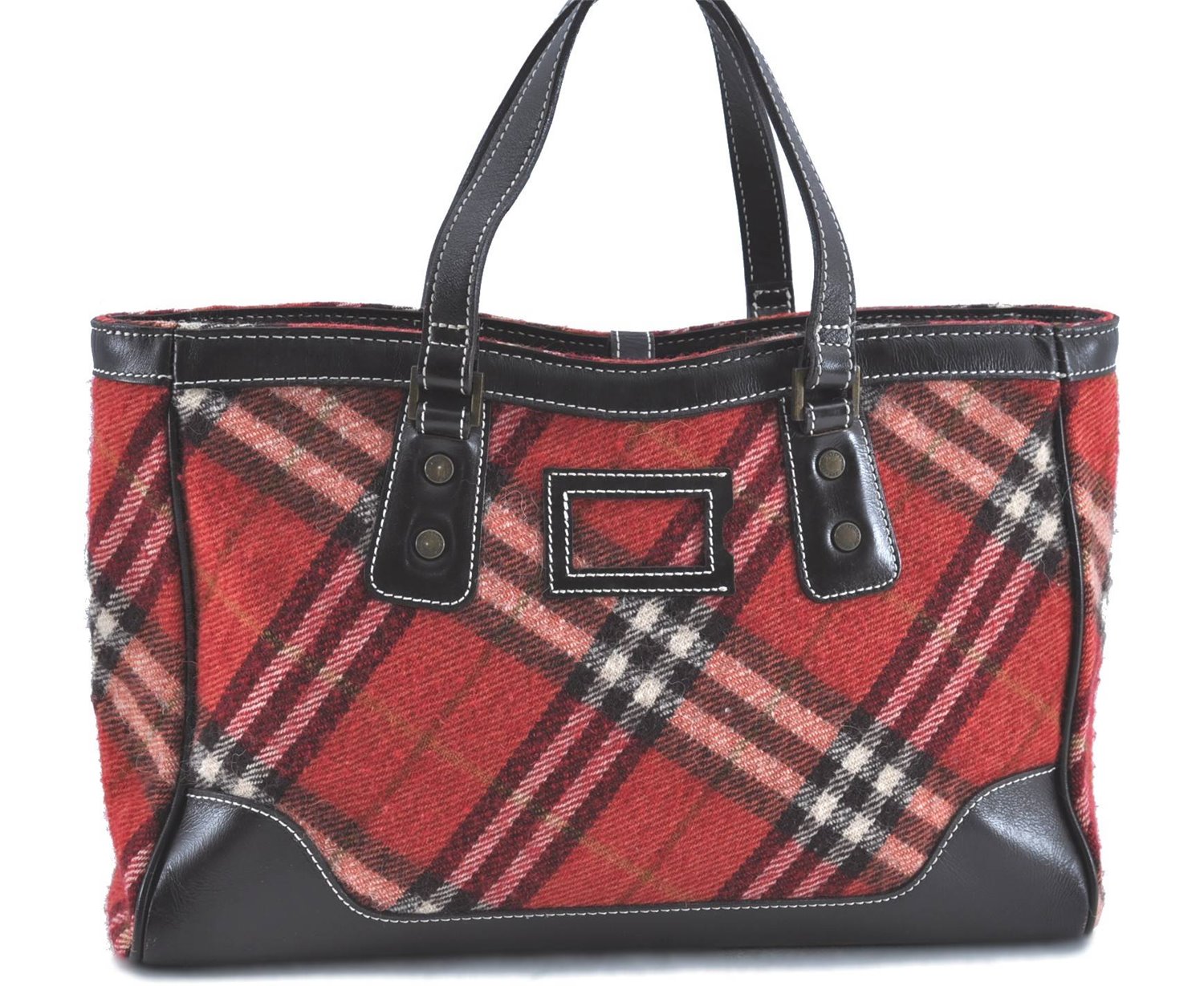 Authentic BURBERRY BLUE LABEL Check Hand Tote Bag Wool Leather Red H9499