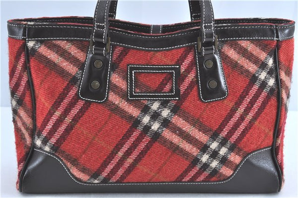 Authentic BURBERRY BLUE LABEL Check Hand Tote Bag Wool Leather Red H9499