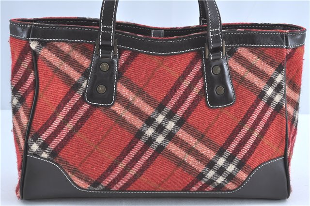 Authentic BURBERRY BLUE LABEL Check Hand Tote Bag Wool Leather Red H9499