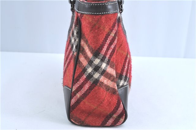 Authentic BURBERRY BLUE LABEL Check Hand Tote Bag Wool Leather Red H9499