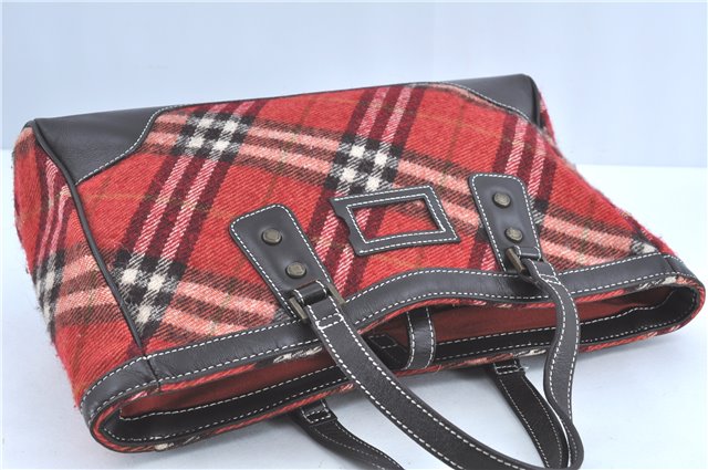 Authentic BURBERRY BLUE LABEL Check Hand Tote Bag Wool Leather Red H9499