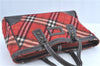 Authentic BURBERRY BLUE LABEL Check Hand Tote Bag Wool Leather Red H9499