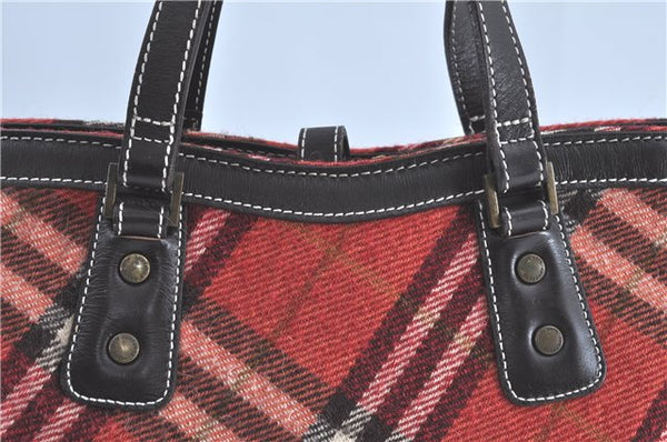 Authentic BURBERRY BLUE LABEL Check Hand Tote Bag Wool Leather Red H9499