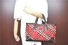 Authentic BURBERRY BLUE LABEL Check Hand Tote Bag Wool Leather Red H9499