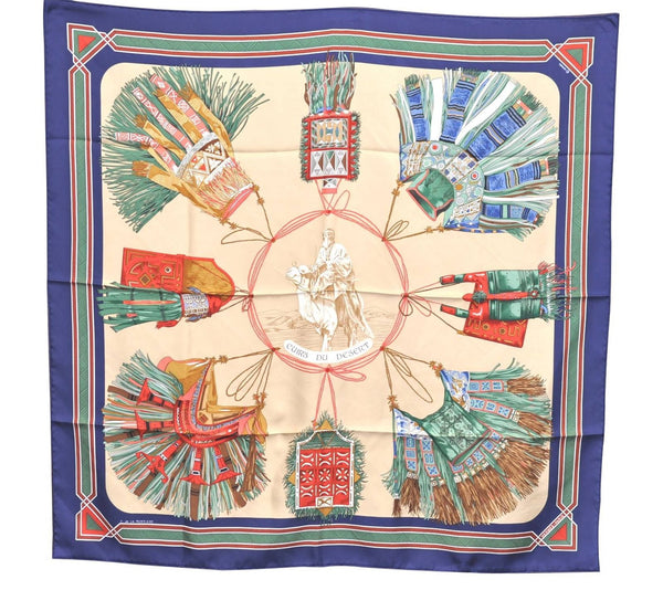 Authentic HERMES Carre 90 Scarf "CUIRS DU DESERT" Silk Navy Blue H9505