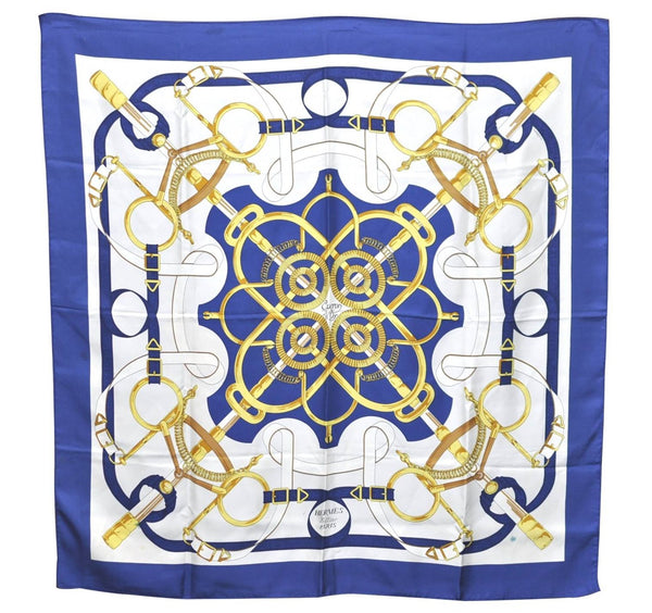 Authentic HERMES Carre 90 Scarf "Eperon d'or" Silk Blue H9506