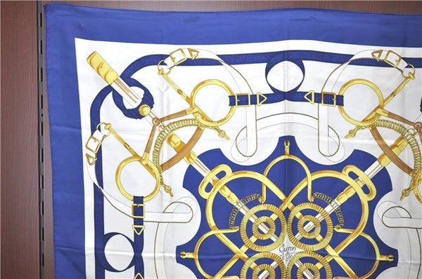 Authentic HERMES Carre 90 Scarf "Eperon d'or" Silk Blue H9506