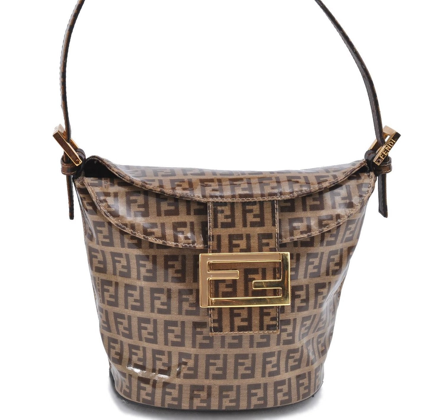 Authentic FENDI Zucchino Shoulder Bag PVC Leather Brown H9511