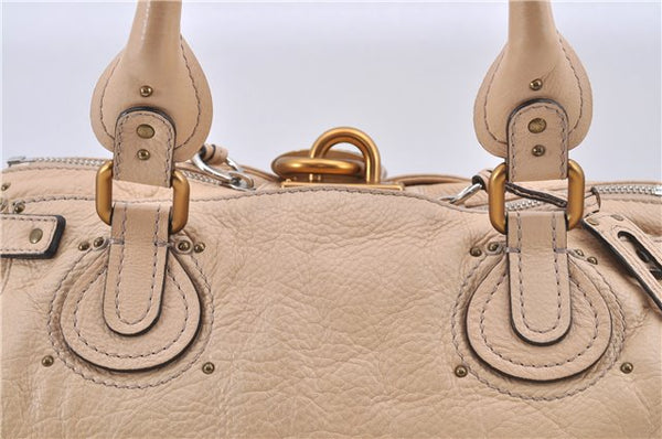 Authentic Chloe Paddington Leather Shoulder Hand Bag Beige Ivory H9512