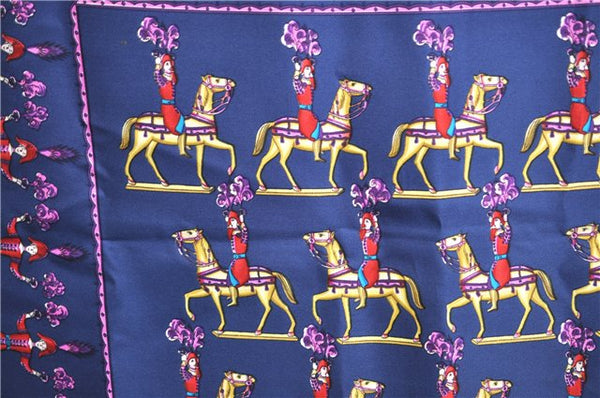 Authentic HERMES Carre 90 Scarf "LES ARTIFICIERS" Silk Navy Blue H9526