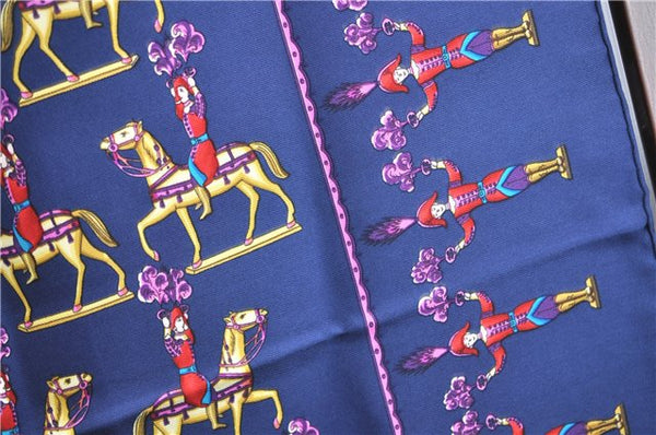 Authentic HERMES Carre 90 Scarf "LES ARTIFICIERS" Silk Navy Blue H9526