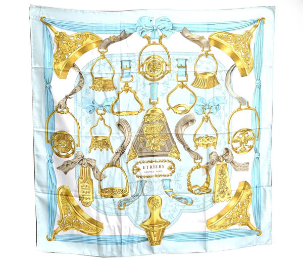 Authentic HERMES Carre 90 Scarf "ETRIERS" Silk Light Blue H9529