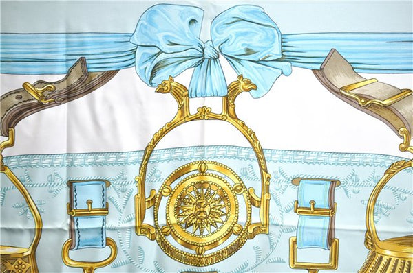 Authentic HERMES Carre 90 Scarf "ETRIERS" Silk Light Blue H9529