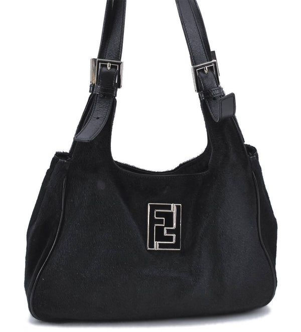 Authentic FENDI Shoulder Hand Bag Purse Unborn Calf Fur Leather Black  H9532