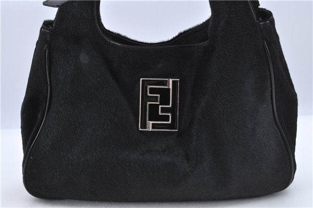 Authentic FENDI Shoulder Hand Bag Purse Unborn Calf Fur Leather Black  H9532