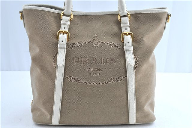 Authentic PRADA Canvas Leather 2Way Shoulder Tote Bag BR4581 Beige White H9533