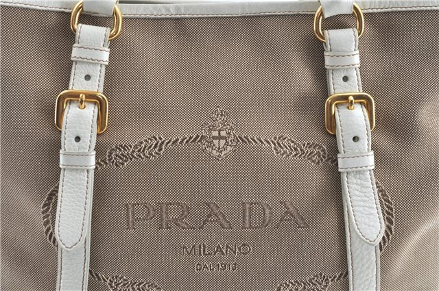 Authentic PRADA Canvas Leather 2Way Shoulder Tote Bag BR4581 Beige White H9533