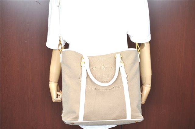 Authentic PRADA Canvas Leather 2Way Shoulder Tote Bag BR4581 Beige White H9533