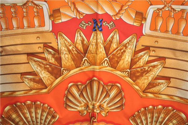 Authentic HERMES Carre 90 Scarf "RAILING" Silk Orange H9535