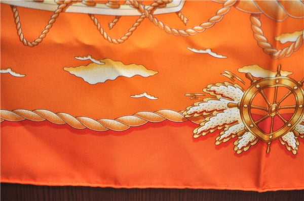 Authentic HERMES Carre 90 Scarf "RAILING" Silk Orange H9535