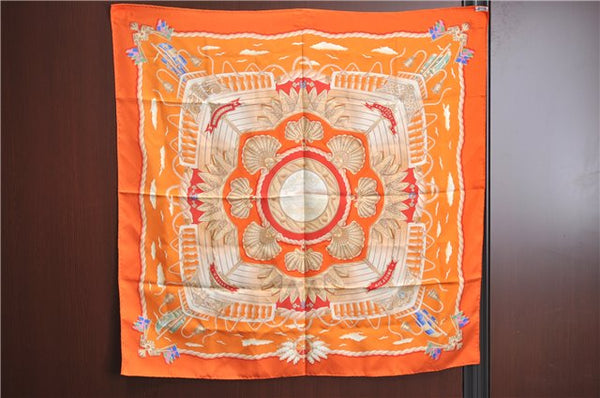 Authentic HERMES Carre 90 Scarf "RAILING" Silk Orange H9535