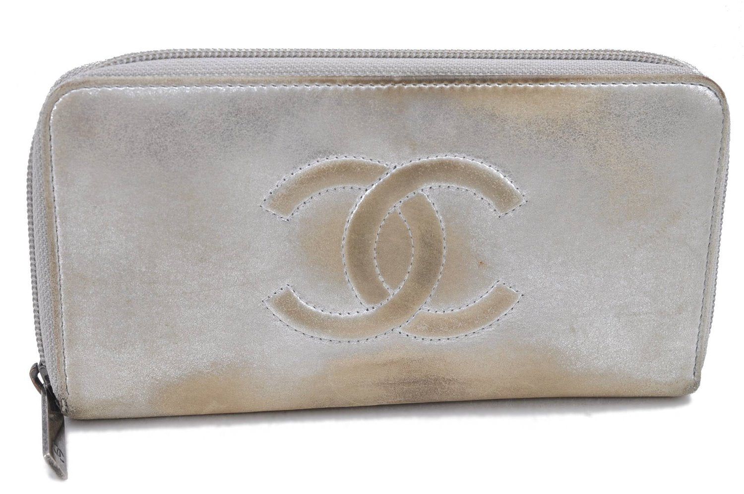 Authentic CHANEL CC Logo CoCo Mark Calf Skin Long Wallet Purse Silver H9537