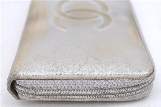 Authentic CHANEL CC Logo CoCo Mark Calf Skin Long Wallet Purse Silver H9537