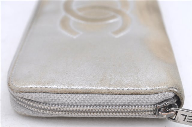 Authentic CHANEL CC Logo CoCo Mark Calf Skin Long Wallet Purse Silver H9537