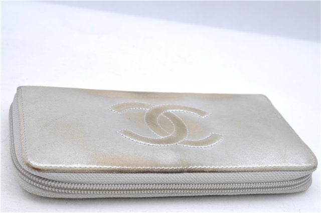 Authentic CHANEL CC Logo CoCo Mark Calf Skin Long Wallet Purse Silver H9537