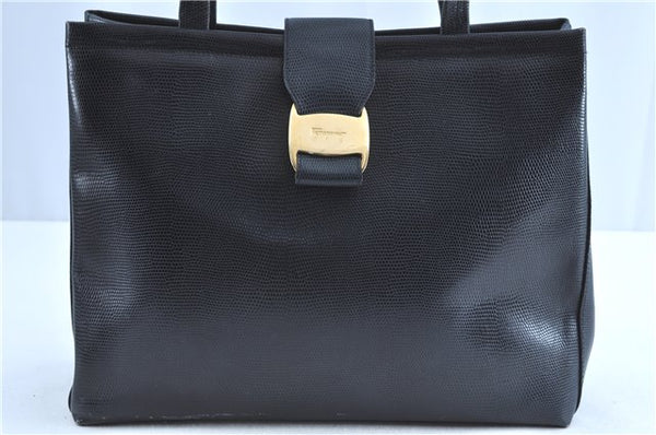 Authentic Salvatore Ferragamo Vara Leather Shoulder Tote Bag Navy Blue SF H9539