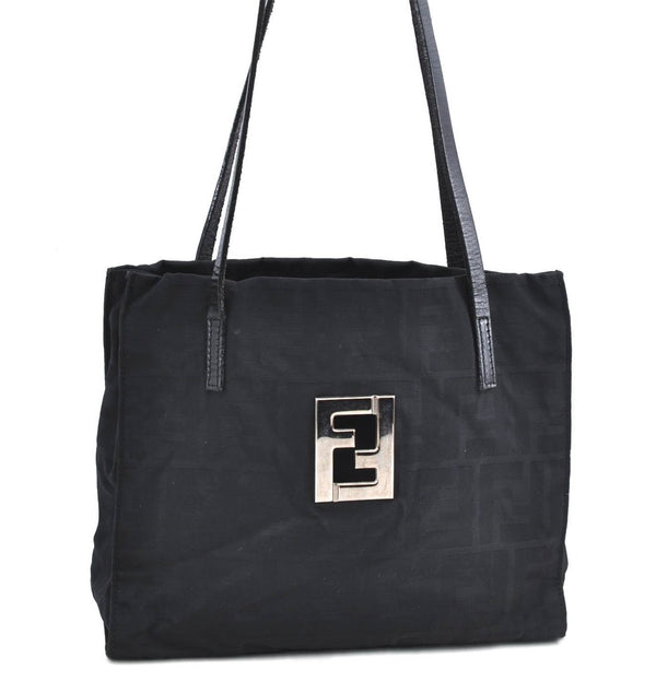 Authentic FENDI Zucca Shoulder Tote Bag Nylon Leather Black H9558