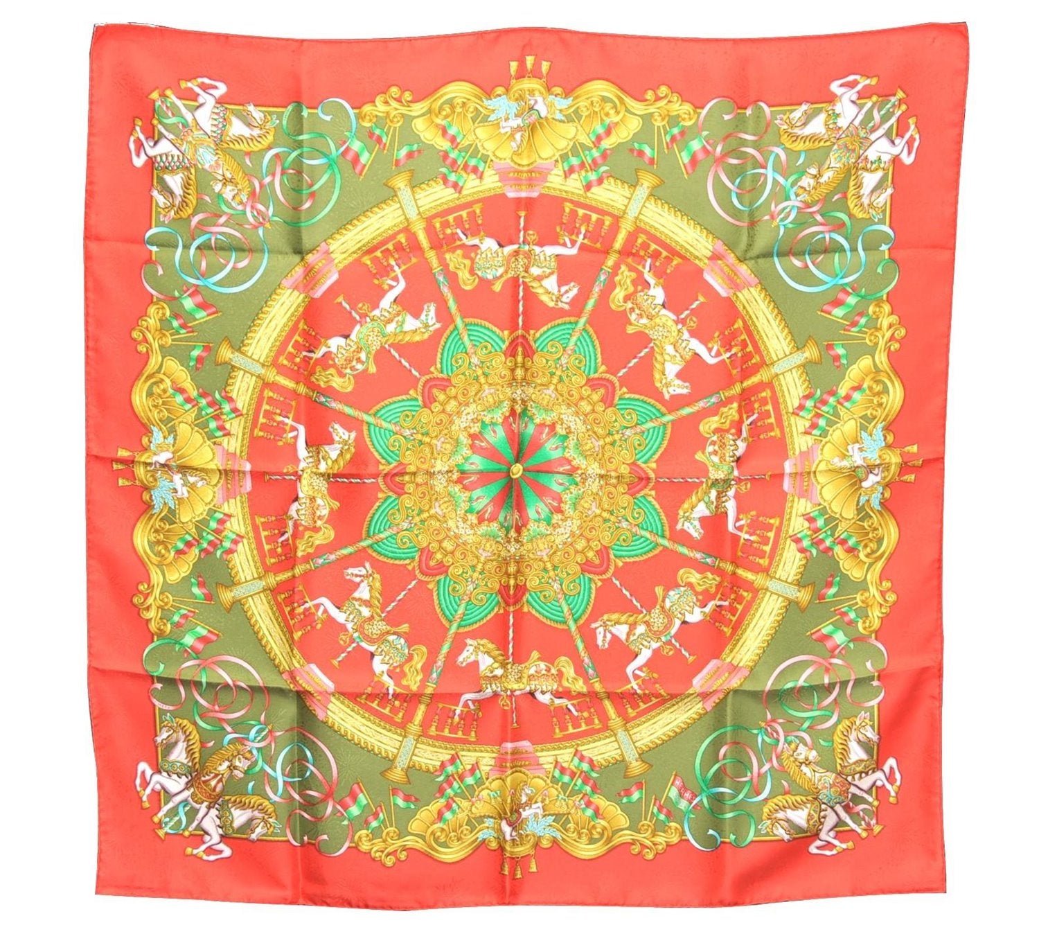Authentic HERMES Carre 90 Scarf Merry-go-round Motif Silk Red Box H9647