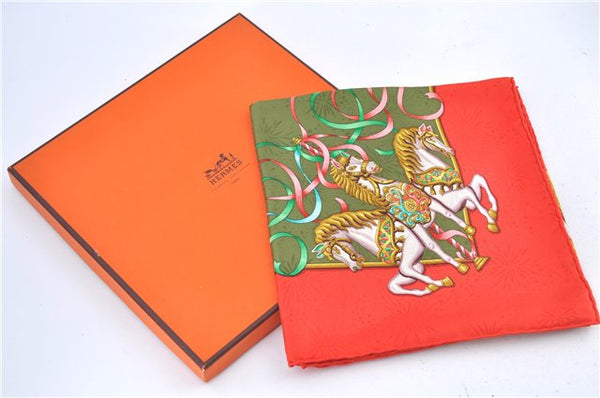 Authentic HERMES Carre 90 Scarf Merry-go-round Motif Silk Red Box H9647