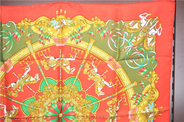 Authentic HERMES Carre 90 Scarf Merry-go-round Motif Silk Red Box H9647