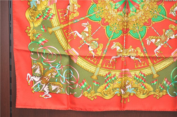 Authentic HERMES Carre 90 Scarf Merry-go-round Motif Silk Red Box H9647