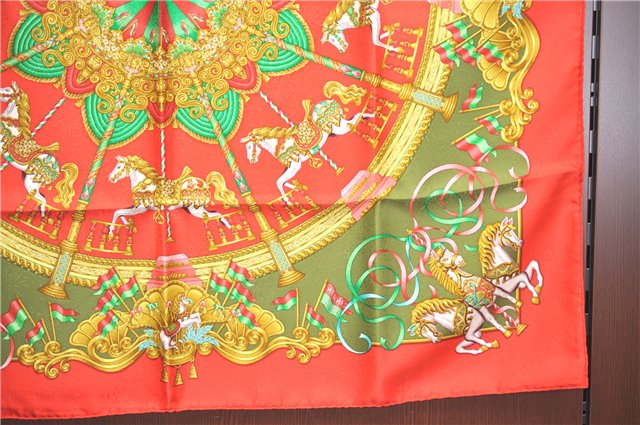 Authentic HERMES Carre 90 Scarf Merry-go-round Motif Silk Red Box H9647