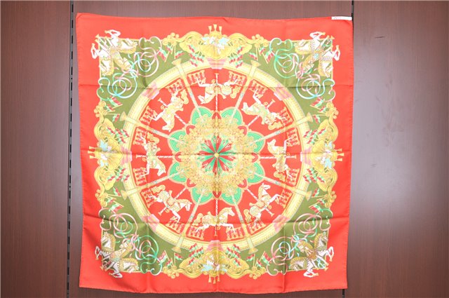 Authentic HERMES Carre 90 Scarf Merry-go-round Motif Silk Red Box H9647
