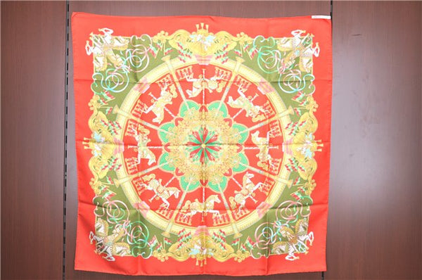 Authentic HERMES Carre 90 Scarf Merry-go-round Motif Silk Red Box H9647