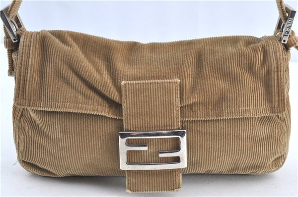 Authentic FENDI Mamma Baguette Shoulder Hand Bag Purse Corduroy Beige H9666