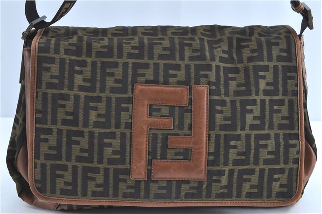 Authentic FENDI Zucca Shoulder Cross Body Bag Nylon Leather Brown H9668