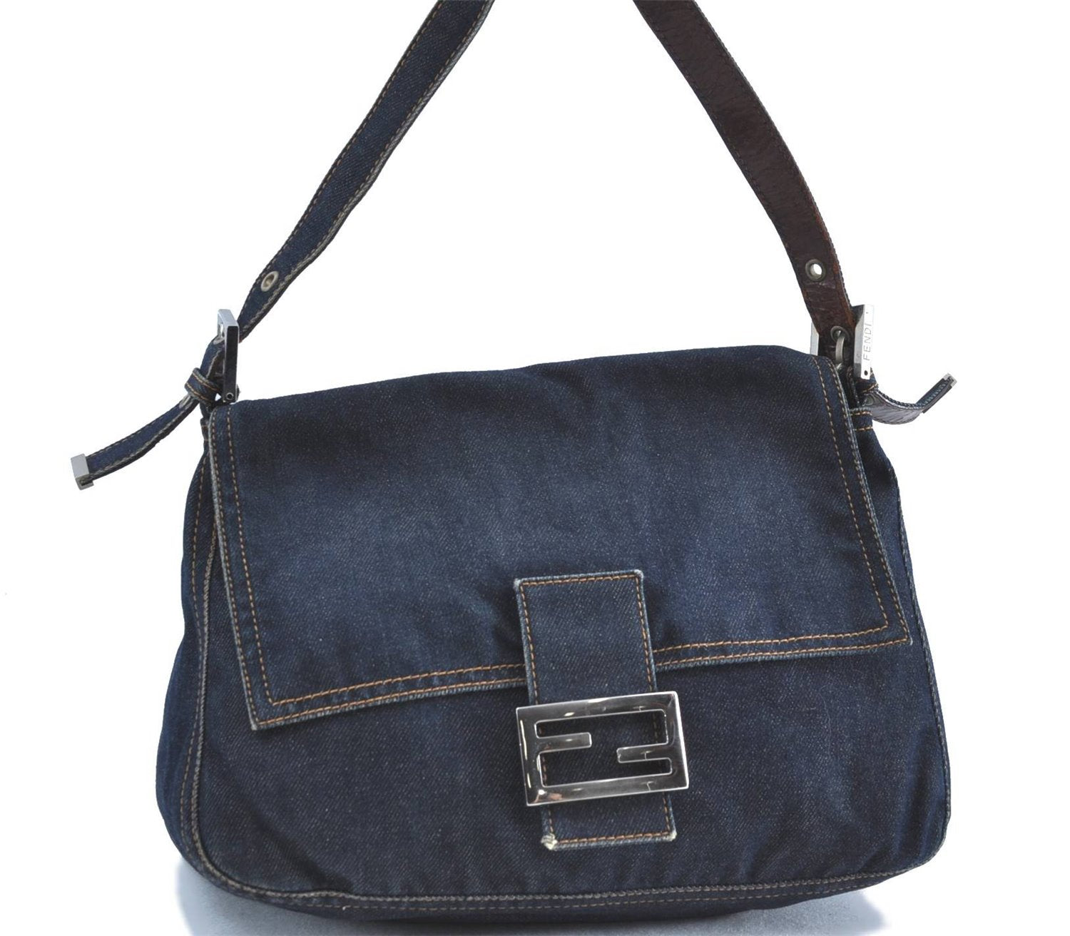 Authentic FENDI Mamma Baguette Shoulder Hand Bag Purse Denim Leather Blue H9681