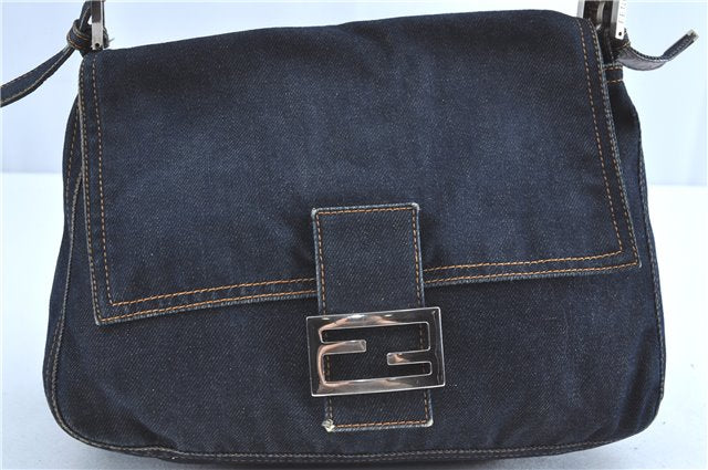 Authentic FENDI Mamma Baguette Shoulder Hand Bag Purse Denim Leather Blue H9681