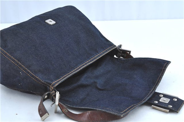 Authentic FENDI Mamma Baguette Shoulder Hand Bag Purse Denim Leather Blue H9681