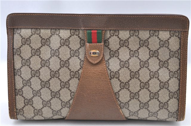 Authentic GUCCI Web Sherry Line Clutch Hand Bag Purse GG PVC Leather Brown H9684