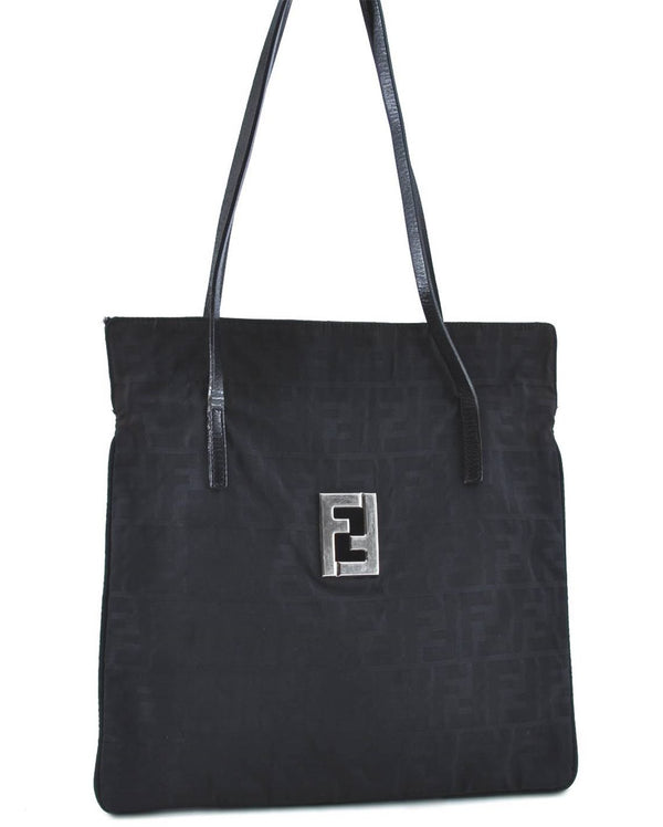 Authentic FENDI Zucca Shoulder Tote Bag Nylon Leather Black H9694