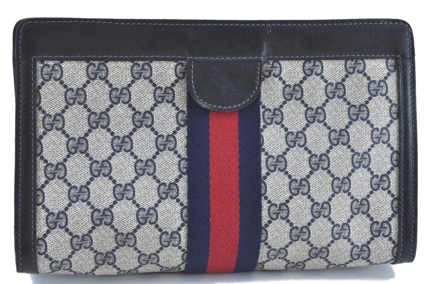 Authentic GUCCI Sherry Line Clutch Hand Bag Purse GG PVC Leather Navy Blue H9703