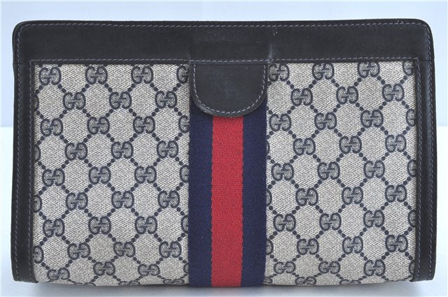 Authentic GUCCI Sherry Line Clutch Hand Bag Purse GG PVC Leather Navy Blue H9703