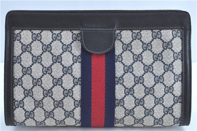 Authentic GUCCI Sherry Line Clutch Hand Bag Purse GG PVC Leather Navy Blue H9703